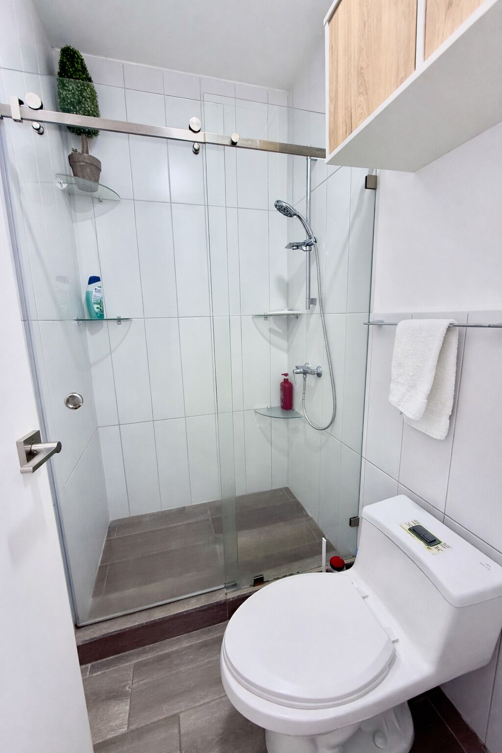 A modern bathroom with a glass shower enclosure, a toilet, and a small shelf with toiletries.