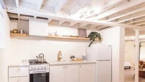 A modern kitchen with white cabinetry, a built-in stove, and a refrigerator. There is a small plant on the countertop and a rug on the floor.