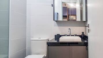 Hair dryer, towels, soap, toilet paper