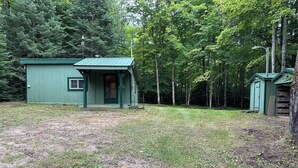 Un piccolo chalet di legno verde con un portico, immerso in una fitta foresta.