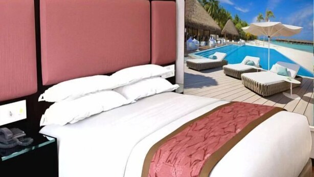 A hotel room with a bed, a nightstand, a view of a pool area with lounge chairs and umbrellas. - Longgang Blue Island Business Hotel (Longgang)