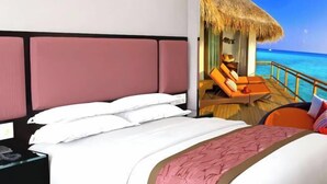 A hotel room with a bed, a nightstand, a window with a view of the ocean, and a thatched-roof balcony. - Longgang Blue Island Business Hotel (Longgang)