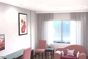 A hotel room with a sofa, a dining table, a chair, a small table with a vase, and a large window with curtains. - Longgang Blue Island Business Hotel (Longgang)