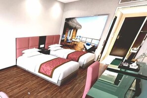 A hotel room with two beds, a desk, and a large window with a view of a thatched-roof structure. - Longgang Blue Island Business Hotel (Longgang)
