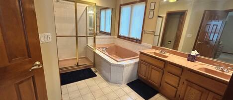 Shower, jetted bath, hair dryer, towels