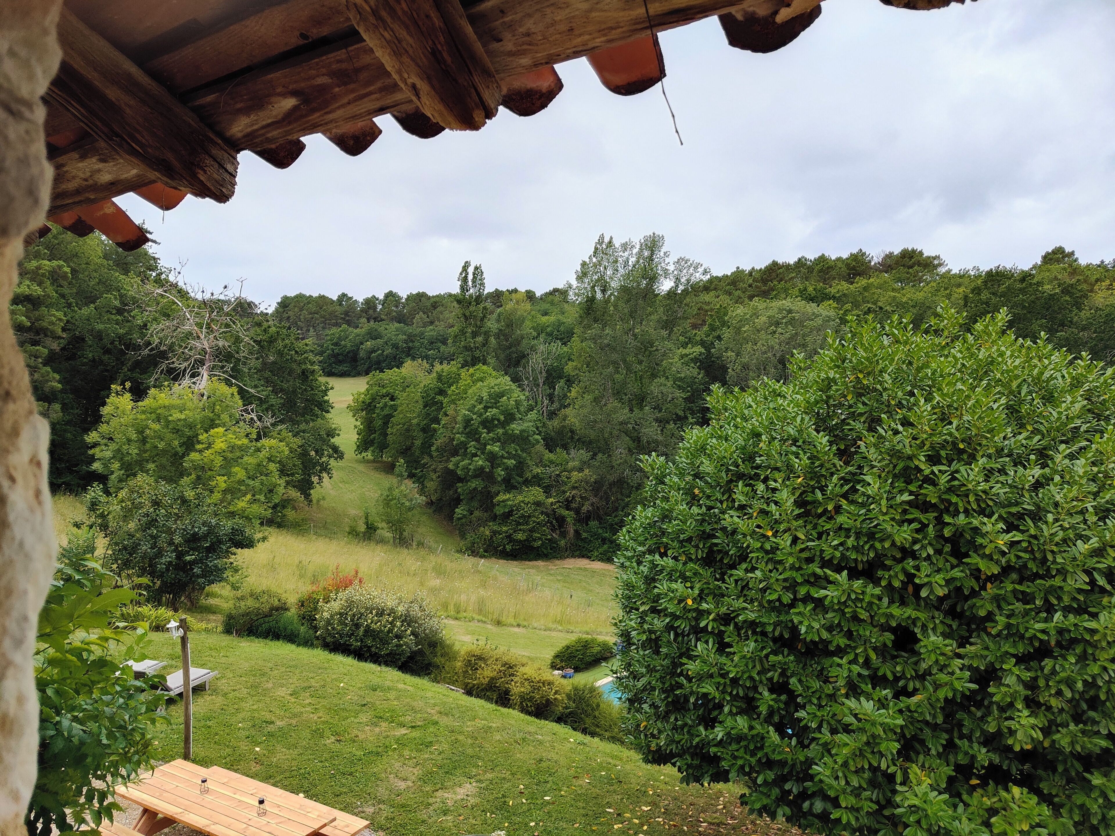 Une pergola en bois surplombant un paysage verdoyant et luxuriant, avec une piscine.