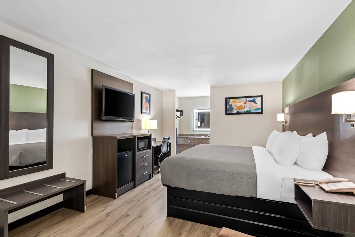 A hotel room with a bed, desk, chair, TV, and artwork on the walls.