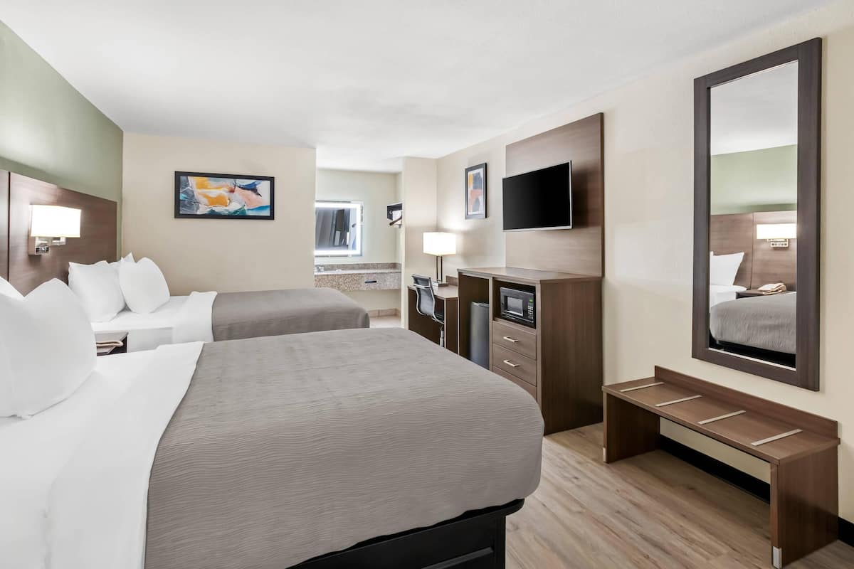 A hotel room with two beds, a TV, a microwave, a desk, and a large mirror.
