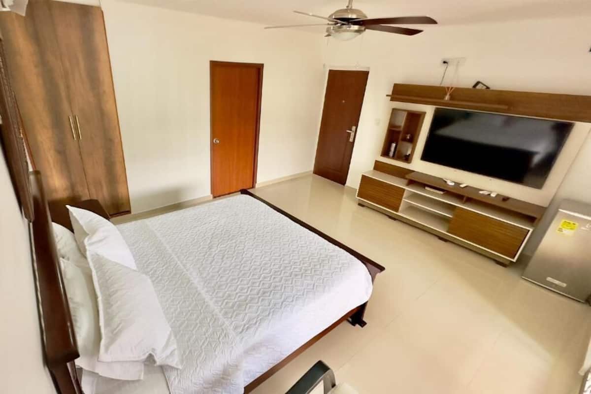 Un dormitorio con cama, televisión, armario y ventilador de techo.