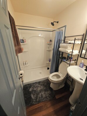 Shower, towels, soap, toilet paper