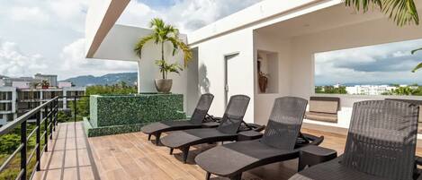 Terraço no telhado com espreguiçadeiras, uma palmeira em vaso e vista para a paisagem urbana.