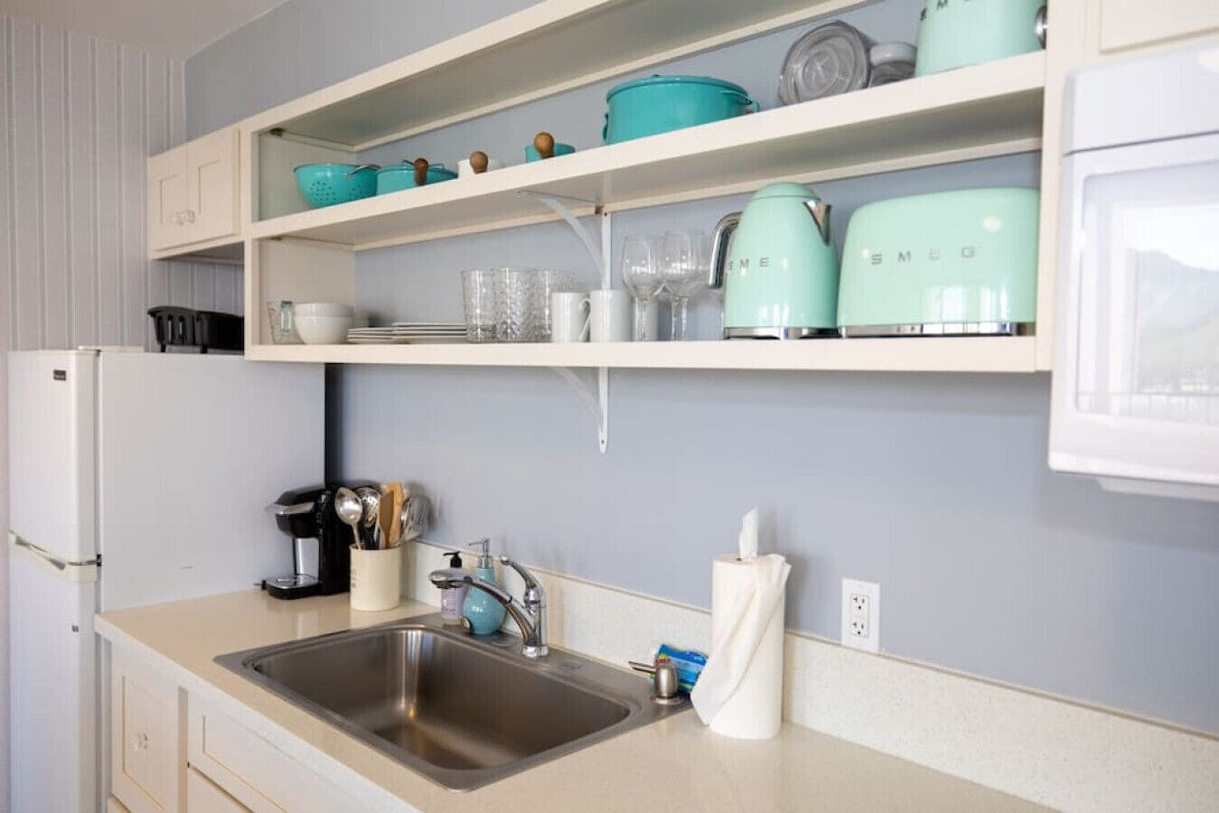 Fridge, microwave, stovetop, coffee/tea maker