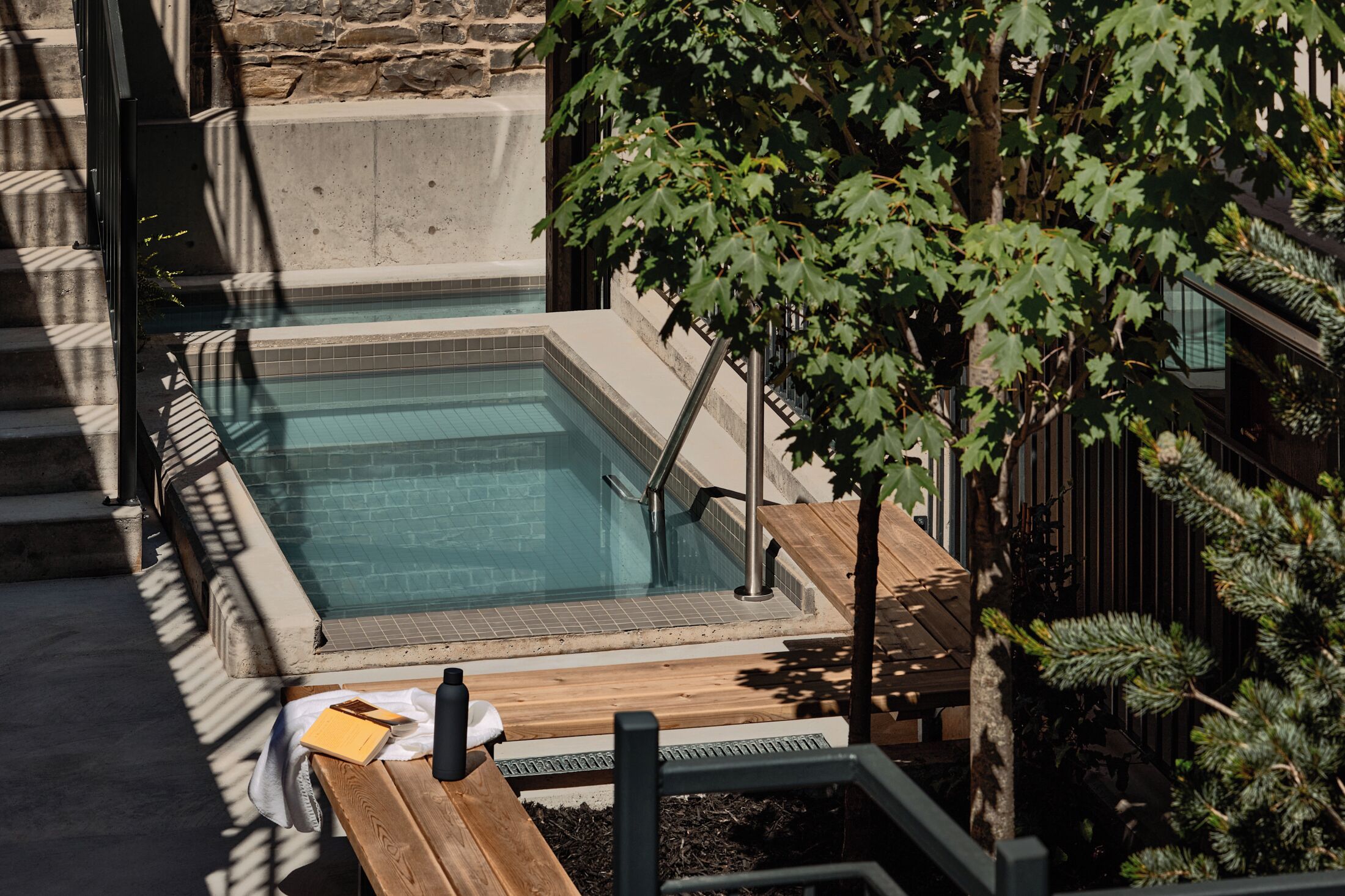 Piscina rectangular con cubierta de madera y barandillas metálicas, rodeada de árboles y un muro de piedra.