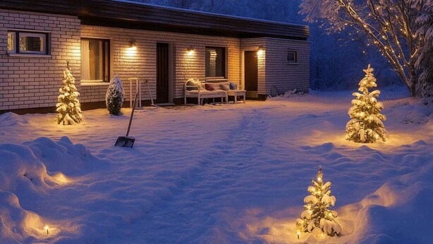 A snow-covered landscape with a house featuring a brick exterior, a porch with seating, and Christmas trees. - LT Villa (Rovaniemi)