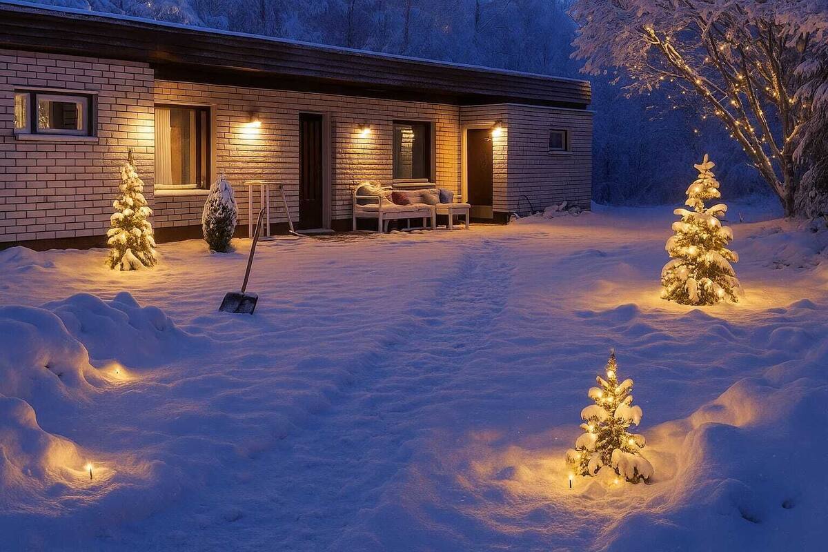 A snow-covered landscape with a house featuring a brick exterior, a porch with seating, and Christmas trees.