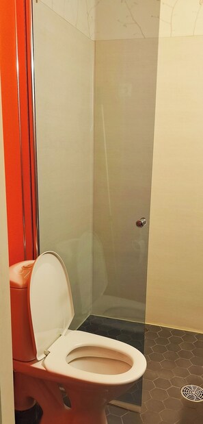 Bathroom features a glass-enclosed shower stall with a transparent door and a toilet with a visible seat.
