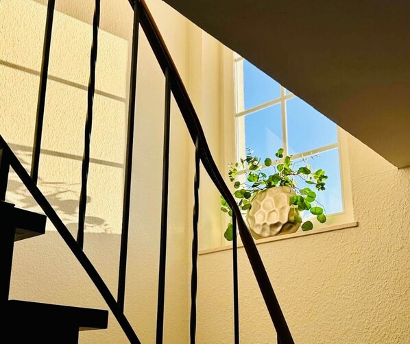 A staircase with a window and a potted plant.