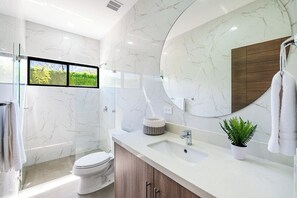 Shower, hair dryer, towels, soap