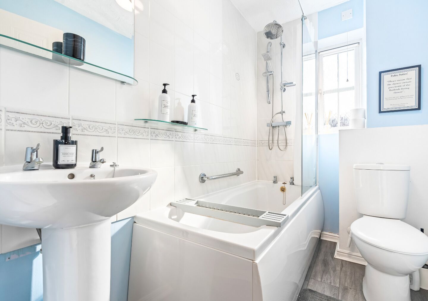 Hair dryer, towels, soap, shampoo
