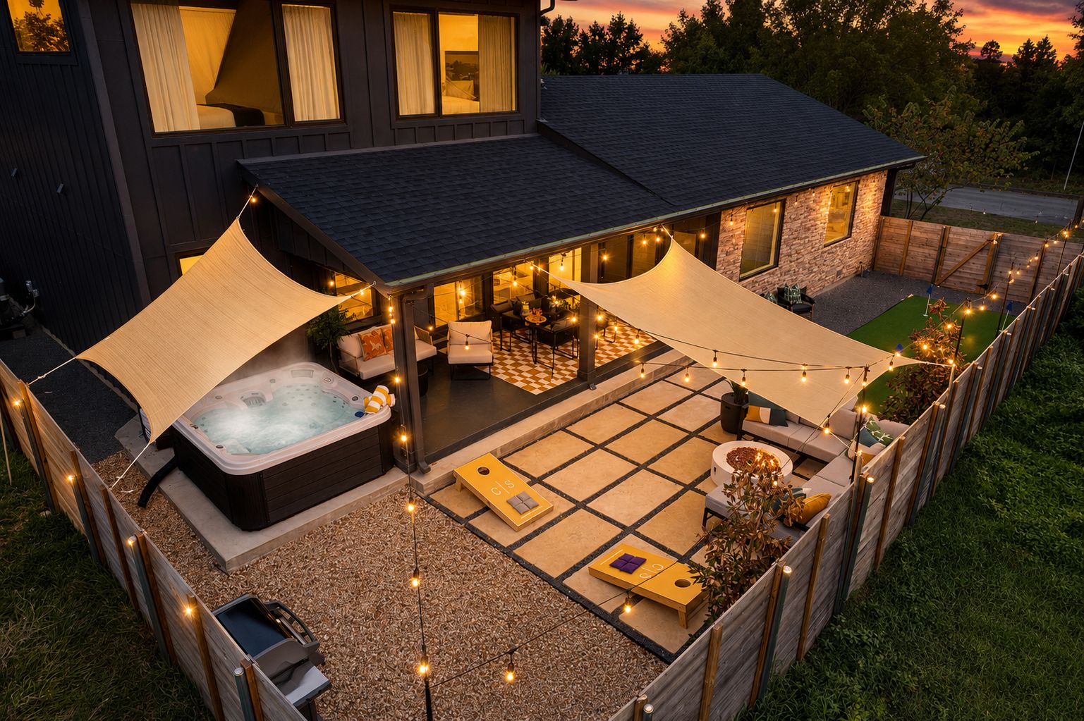 A residential property with a hot tub, outdoor seating, and string lights.