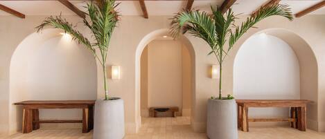A hallway with wooden benches, large potted plants, and a bench in the center.