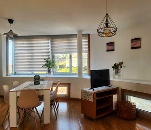 A dining area with a table, chairs, a television on a stand, and a potted plant.