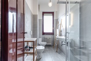 Shower, hair dryer, bidet, towels