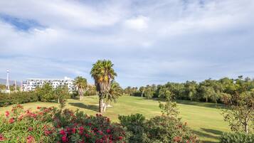 Un campo de golf con una palmera, exuberante vegetación y un edificio al fondo.