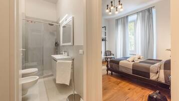 Shower, hair dryer, bidet, towels