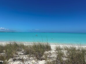 On the beach, sun-loungers, beach towels