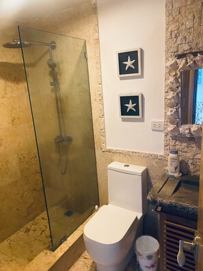 Shower, hair dryer, towels, soap
