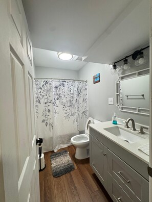 Secadora de cabello, toallas, shampoo, papel de baño 