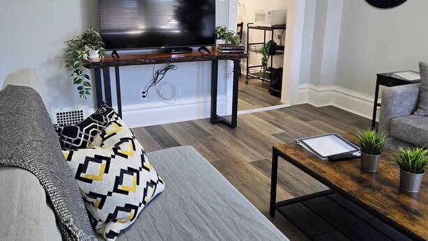 Un soggiorno moderno con un divano grigio, cuscini decorati, una televisione a schermo piatto, un tavolino da caffè con piante e un angolo cucina sullo sfondo.