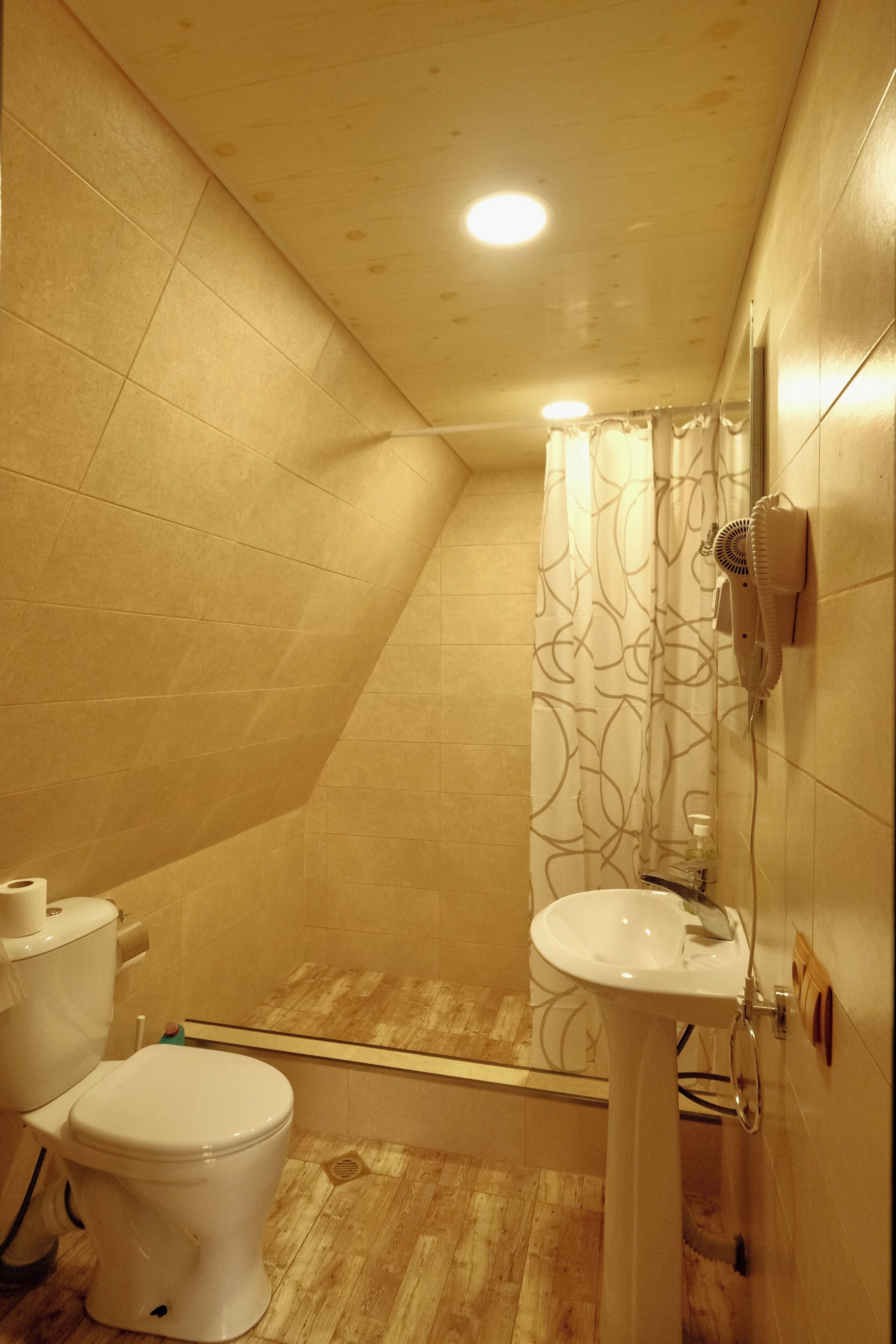 Hair dryer, towels, soap, shampoo