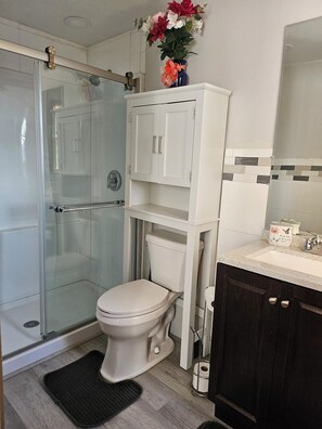 Ducha, secador de pelo, toallas, jabón