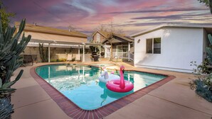 Piscina com dois cisnes infláveis, rodeada por um terraço com cactos e uma casa ao fundo.