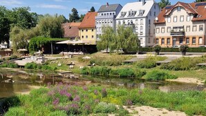 A riverside view with buildings, a bridge, and a grassy area with purple flowers.