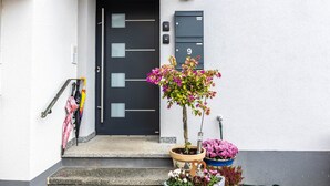 Eine schwarze Tür mit Briefkasten und einem Blumentopf mit rosa Blüten.