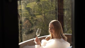 Une personne dans une baignoire, un verre de vin à la main, contemplant un paysage magnifique par la fenêtre.