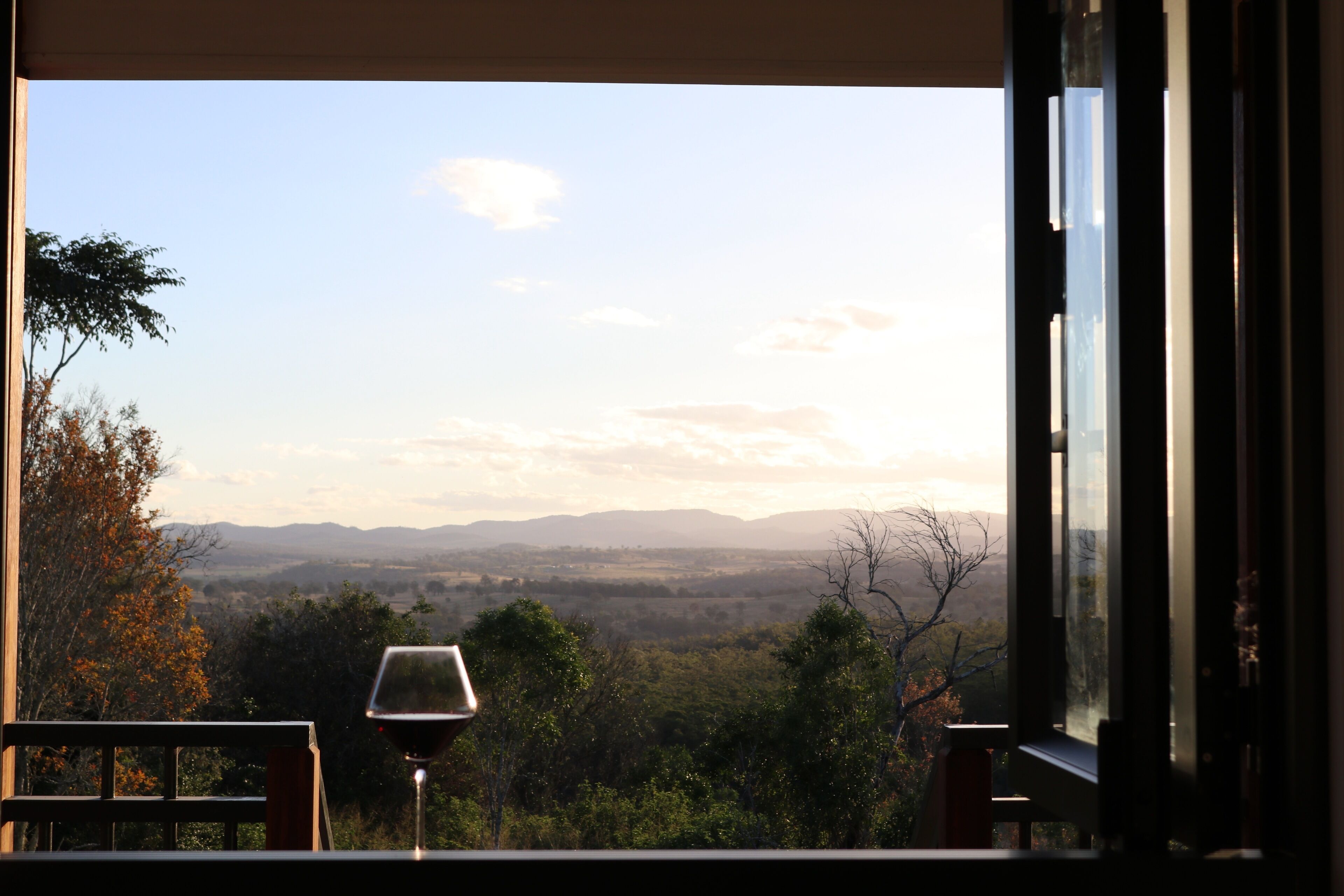 A view from a window with a glass of wine, overlooking a landscape with trees and distant hills.