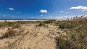 A beach with sand dunes and sparse vegetation. - Staud's Stilts - Oceanfront home w/pool and direct beach access (Virginia Beach)