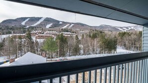 Näkymä vuoristokeskukseen, jossa on lumipeitteisiä rinteitä, rivi rakennuksia ja metsäinen alue.