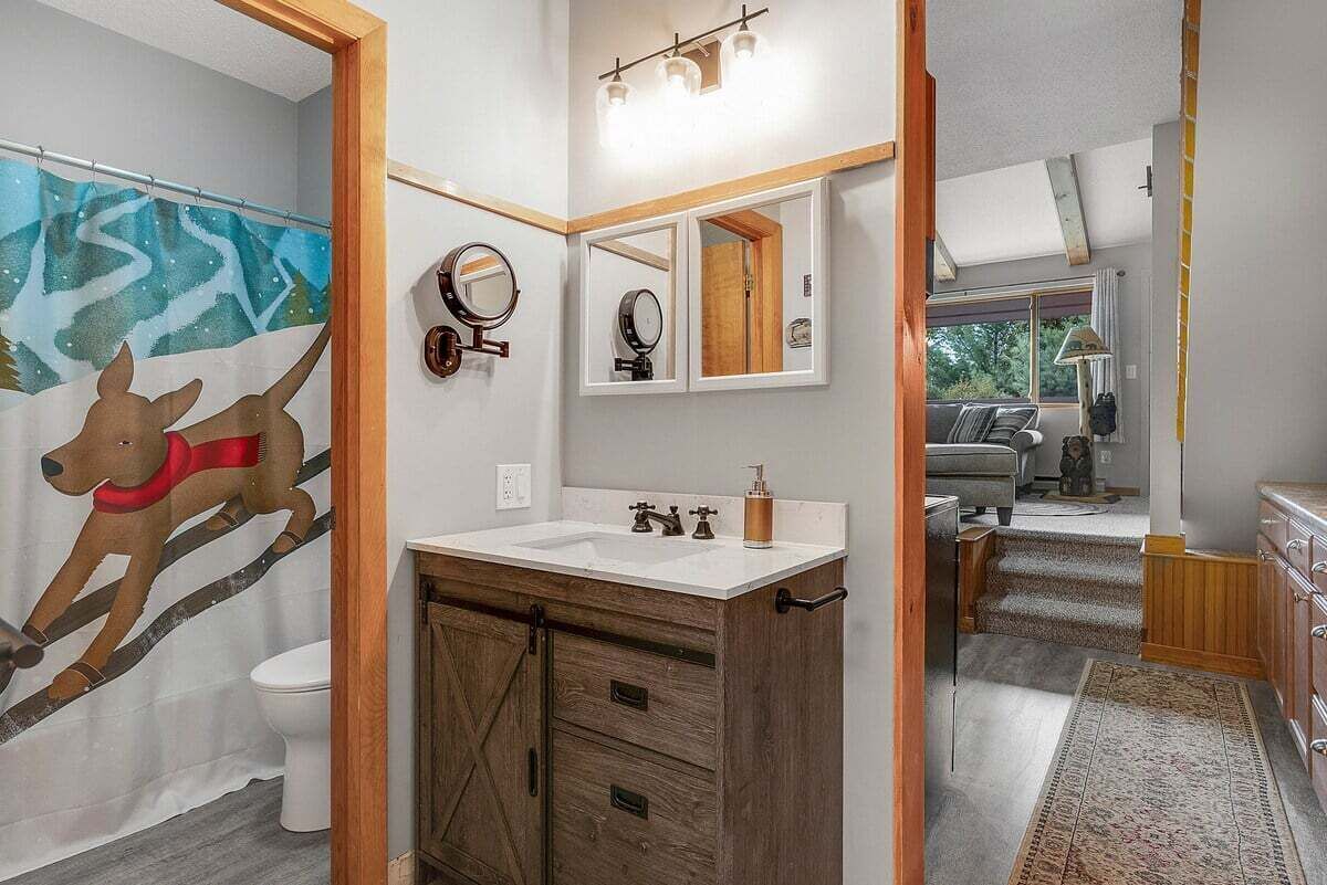 A bathroom with a wooden vanity, a mirror, and a shower curtain with a dog design.