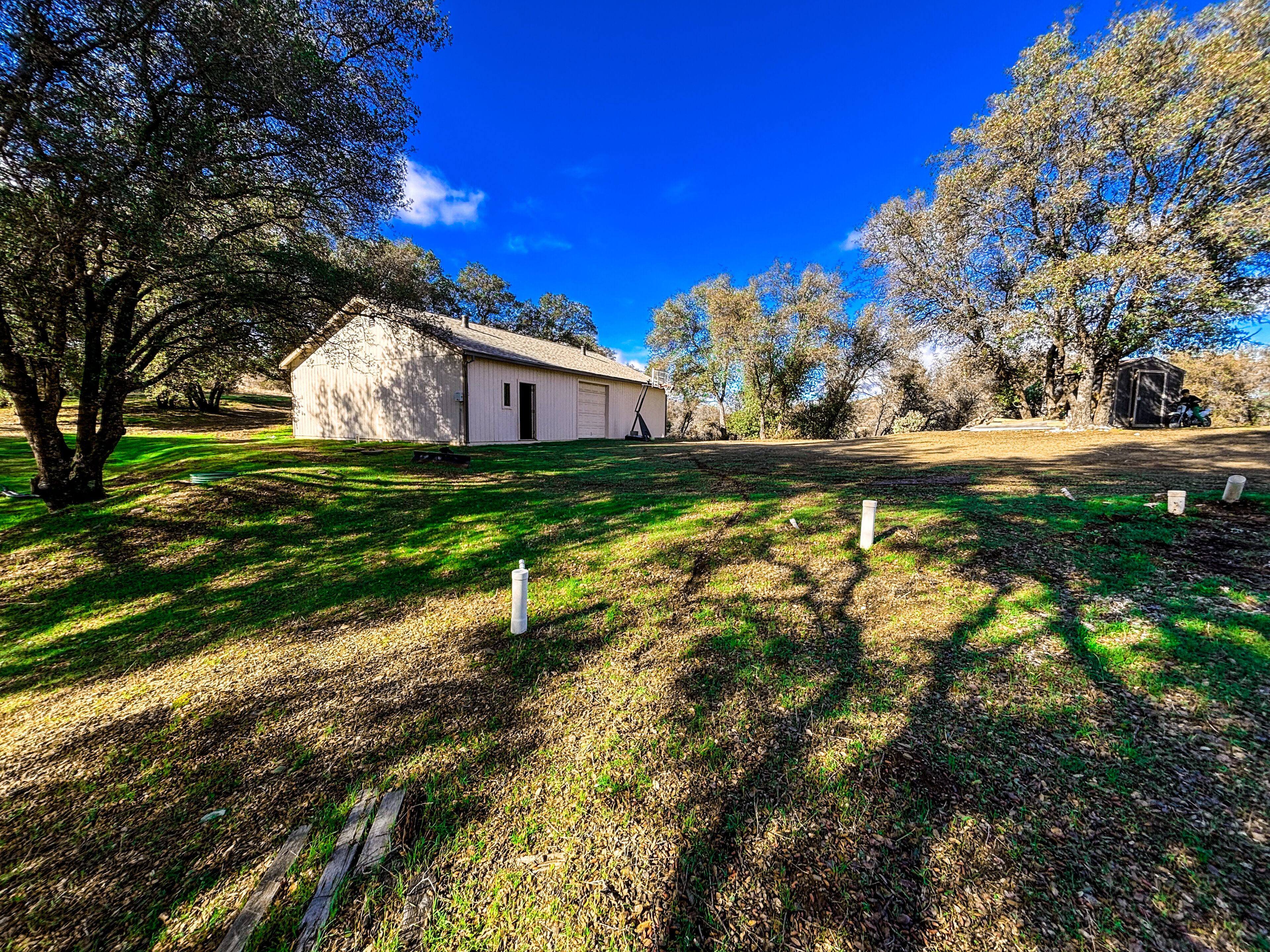 A small, single-story building with a gabled roof, surrounded by a grassy area with scattered trees and a clear blue sky.