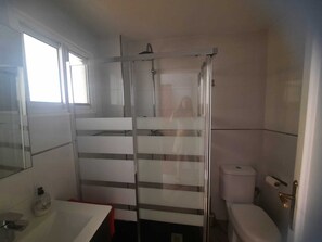 Hair dryer, towels, soap, toilet paper