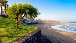 Una playa con césped, un árbol y vista al océano.