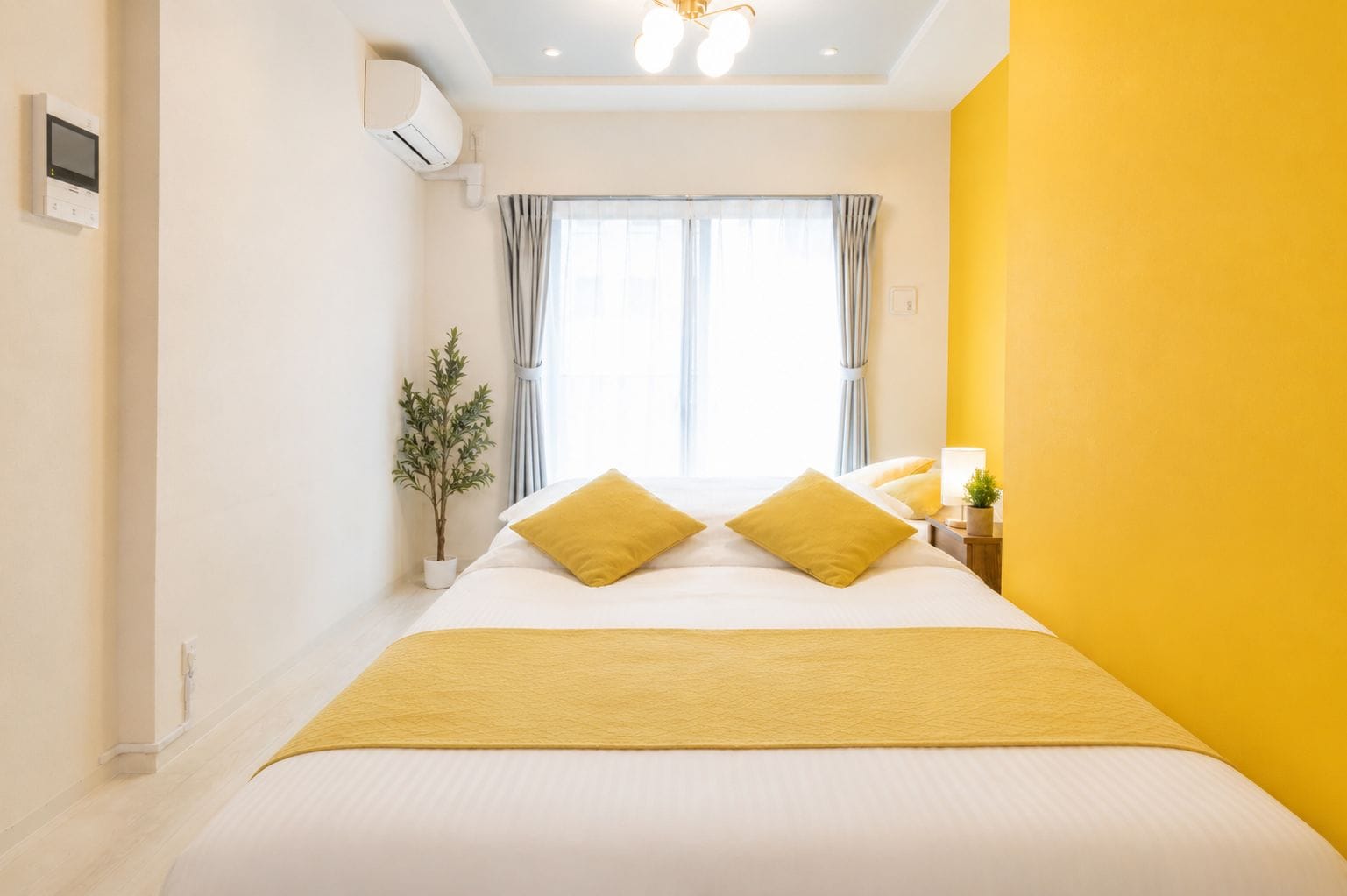 A hotel room with a bed, a potted plant, and a window with curtains.