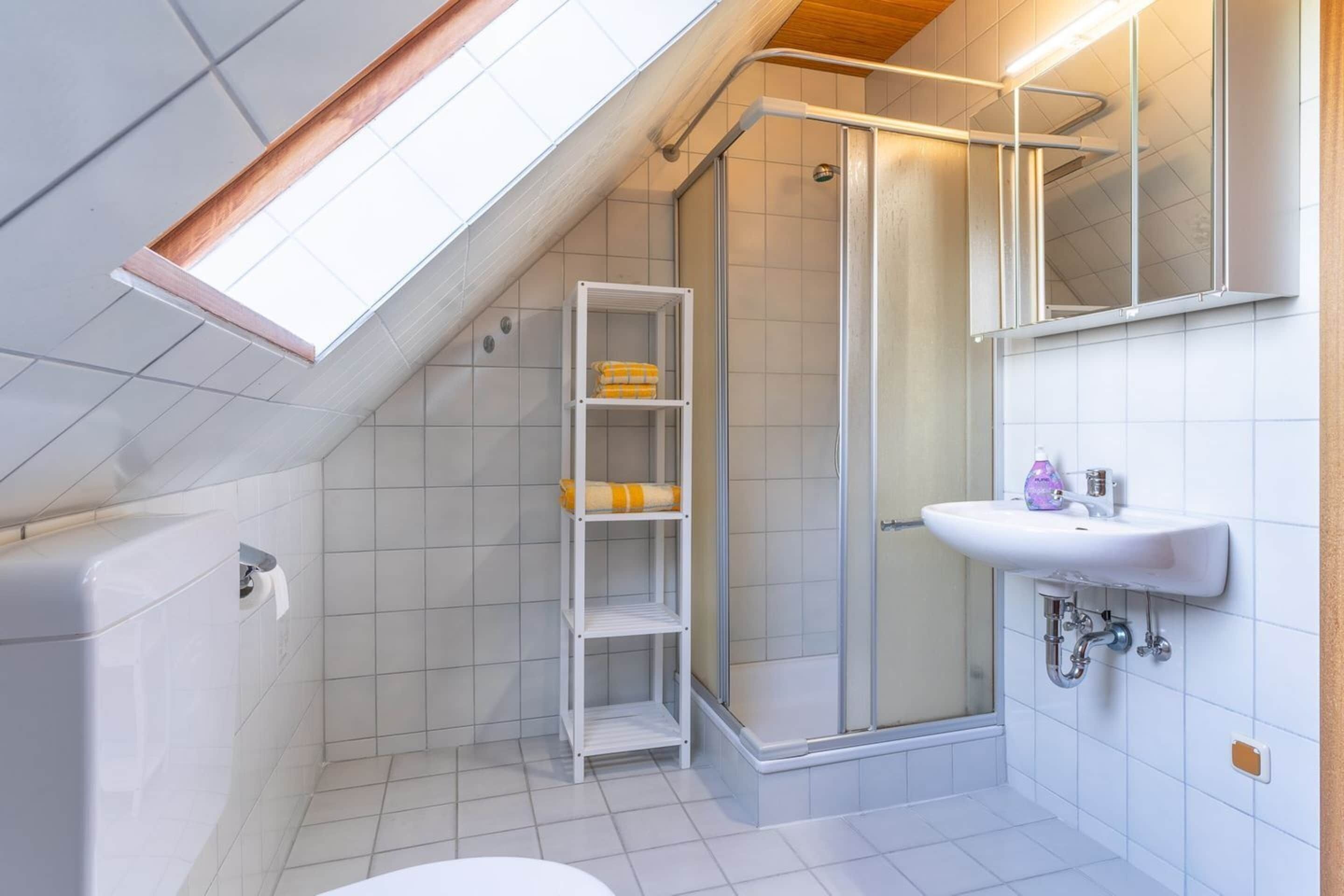 Un baño moderno con tragaluz, cabina de ducha de vidrio, lavamanos blanco y retrete blanco.