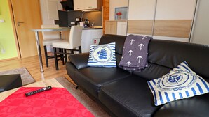 A modern living room with a black leather sofa, two decorative pillows, a red patterned rug, and a remote control on the floor. - Neuer Luxurioser Bungalow, Rauberkuhle, Koserow (Koserow)