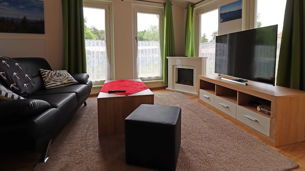 A living room with a black leather sofa, a red throw on a wooden coffee table, a fireplace, and a large flat-screen TV. - Neuer Luxurioser Bungalow, Rauberkuhle, Koserow (Koserow)